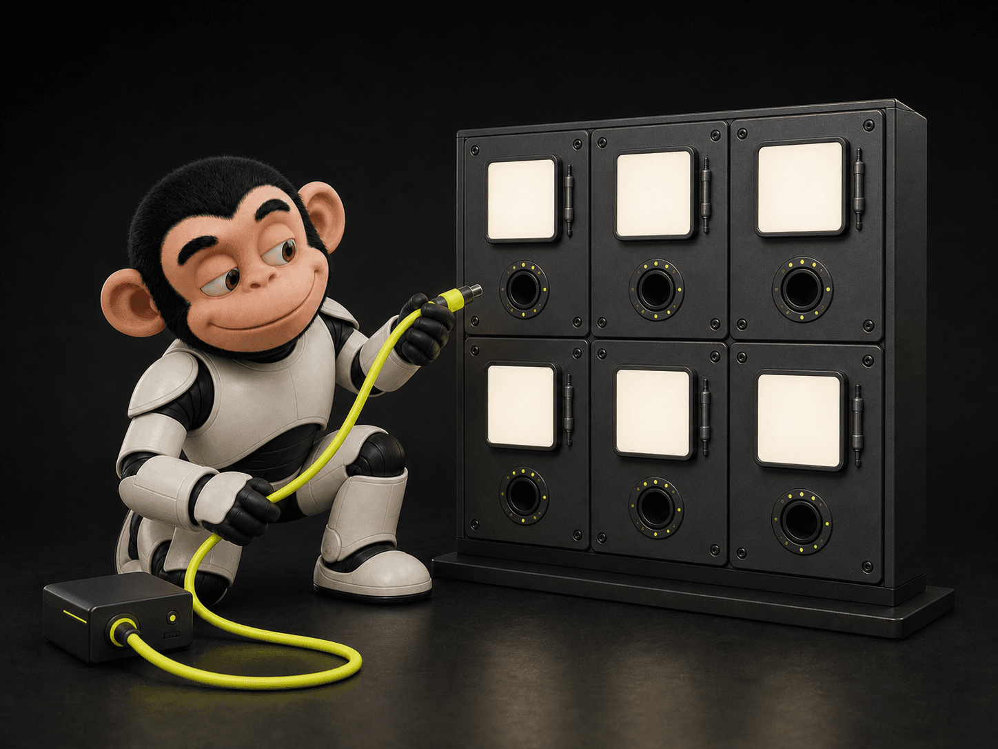 The Vendo monkey connects a Vendo hub to an empty switchboard socket for HubSpot, Google Ads, Meta, Shopify, BigQuery, and Claude.